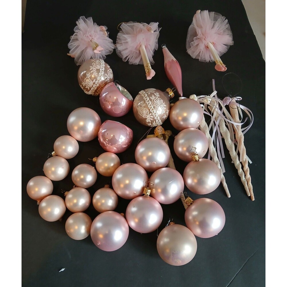 37 pc Pink VTG BLOWN GLASS INGE Silvestri Asst ornaments Ballerina Teardrop Mica